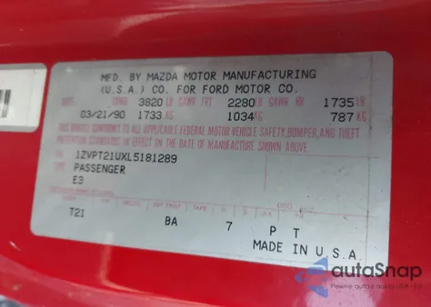 1990 Ford Probe Lx z USA, uszkodzony, nr VIN 1ZVPT21UXL5181289